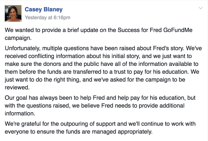 Casey Blaney's message on Facebook